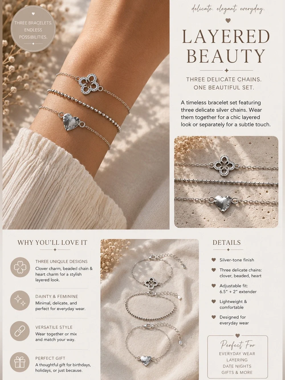 Layered Silver Heart & Clover Bracelet Set - Women's Jewelry